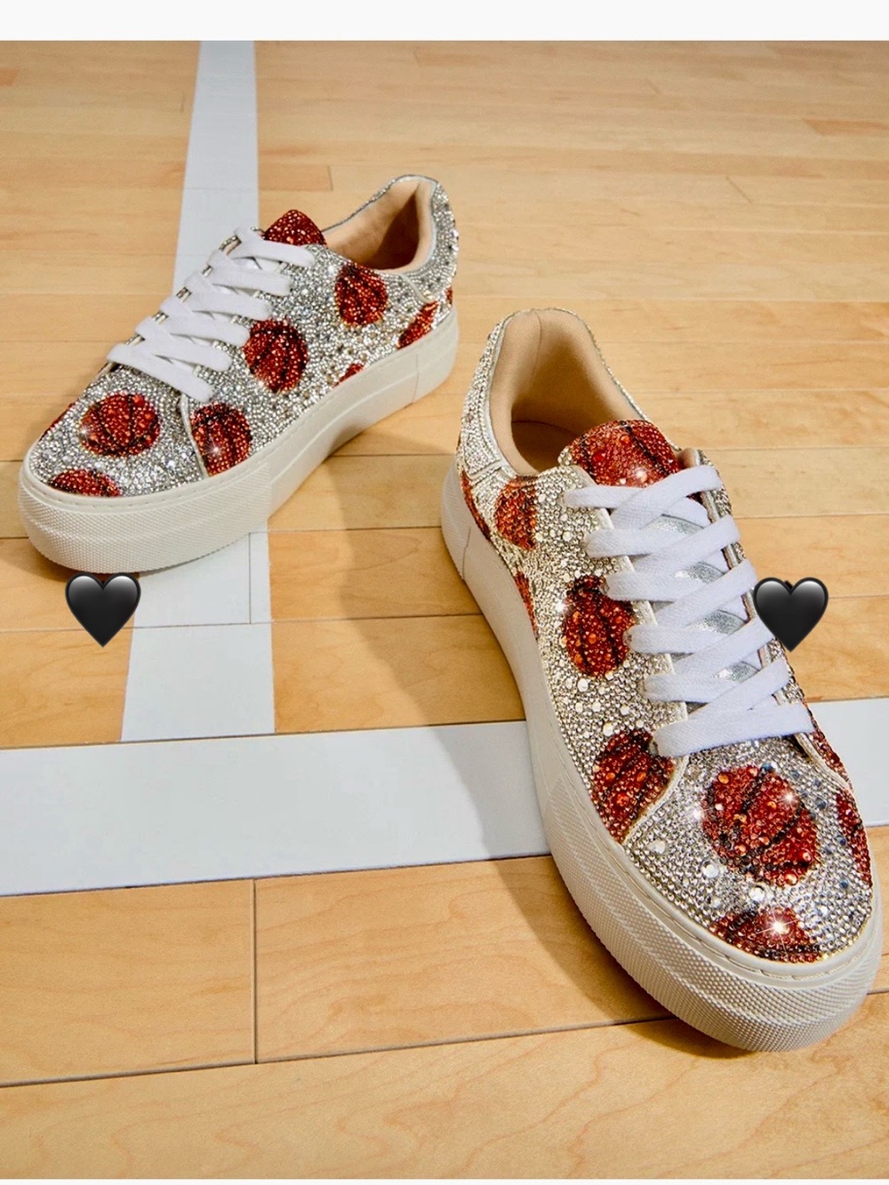 Crystal-Embellished White Sneakers with Orange Basketball Sequin Accents